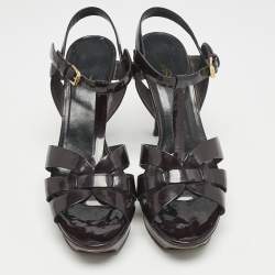 Pre Owned Saint Laurent Dark Burgundy Patent Leather Tribute Platform Sandals Size 41