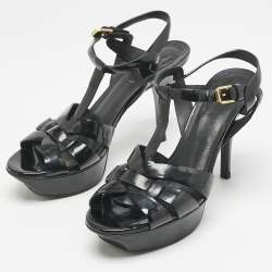 Saint Laurent Black Patent Leather Tribute Platform Sandals Size 36.5