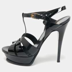 Saint Laurent Black Patent Leather Tribute Platform Sandals Size 38.5