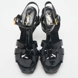 Saint Laurent Black Patent Leather Tribute Platform Sandals Size 38.5