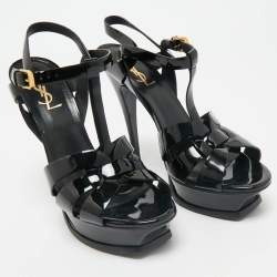 Saint Laurent Black Patent Leather Tribute Platform Sandals Size 38.5