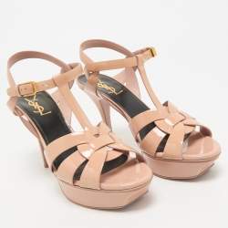 Saint Laurent Beige Patent Leather Tribute Ankle Strap Sandals Size 38