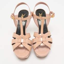 Saint Laurent Beige Patent Leather Tribute Ankle Strap Sandals Size 38