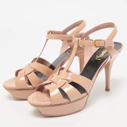 Saint Laurent Beige Patent Leather Tribute Ankle Strap Sandals Size 38