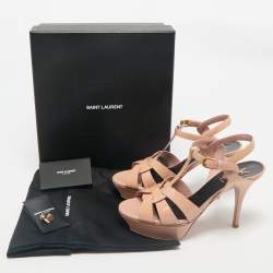 Saint Laurent Beige Patent Leather Tribute Ankle Strap Sandals Size 38
