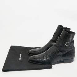 Saint Laurent Black Croc Embossed Leather Wyatt Ankle Length Boots Size 41.5