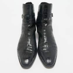 Saint Laurent Black Croc Embossed Leather Wyatt Ankle Length Boots Size 41.5