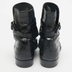 Saint Laurent Black Croc Embossed Leather Wyatt Ankle Length Boots Size 41.5