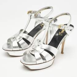 Saint Laurent Silver Leather Tribute Platform Sandals Size 38