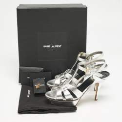 Saint Laurent Silver Leather Tribute Platform Sandals Size 38