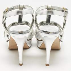 Saint Laurent Silver Leather Tribute Platform Sandals Size 38