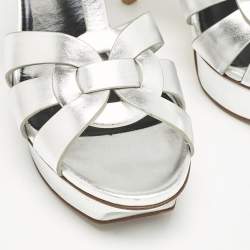 Saint Laurent Silver Leather Tribute Platform Sandals Size 38