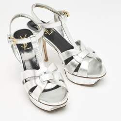 Saint Laurent Silver Leather Tribute Platform Sandals Size 38
