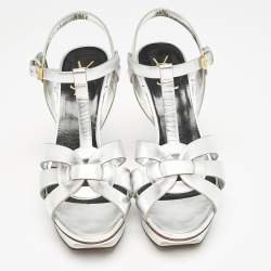 Saint Laurent Silver Leather Tribute Platform Sandals Size 38