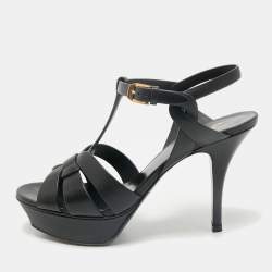 Saint Laurent Black Leather Tribute Platform Sandals Size 37.5