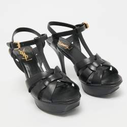 Saint Laurent Black Leather Tribute Platform Sandals Size 37.5