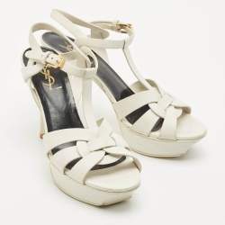 Saint Laurent White Leather Tribute Ankle Strap Sandals Size 37.5