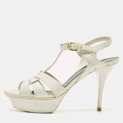 Saint Laurent White Leather Tribute Ankle Strap Sandals Size 37.5