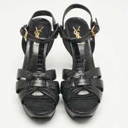 Saint Laurent Black Lizard Embossed Leather Tribute Platform Sandals Size 37.5