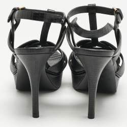 Saint Laurent Black Lizard Embossed Leather Tribute Platform Sandals Size 37.5