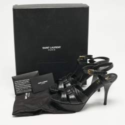 Saint Laurent Black Lizard Embossed Leather Tribute Platform Sandals Size 37.5