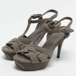 Saint Laurent Grey Suede Tribute Ankle Strap Sandals Size 40