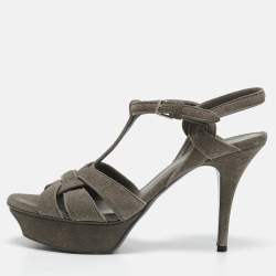 Saint Laurent Grey Suede Tribute Ankle Strap Sandals Size 40