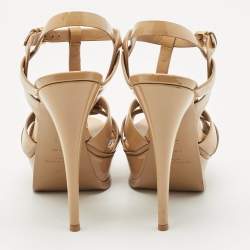 Saint Laurent Beige Patent Leather Tribute Platform Sandals Size 38.5