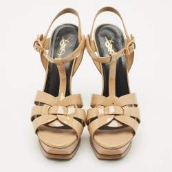 Saint Laurent Beige Patent Leather Tribute Platform Sandals Size 38.5
