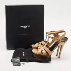 Saint Laurent Beige Patent Leather Tribute Platform Sandals Size 38.5
