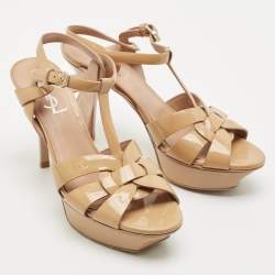 Saint Laurent Beige Patent Leather Tribute Platform Sandals Size 37.5