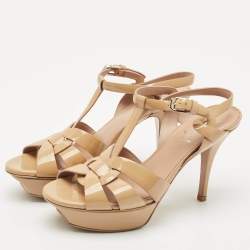 Saint Laurent Beige Patent Leather Tribute Platform Sandals Size 37.5