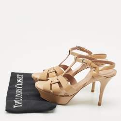 Saint Laurent Beige Patent Leather Tribute Platform Sandals Size 37.5