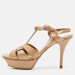 Saint Laurent Beige Patent Leather Tribute Platform Sandals Size 37.5