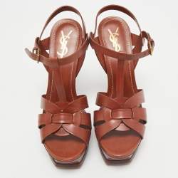 Pre Owned Saint Laurent Brown Leather Tribute Ankle Strap Sandals Size 39.5