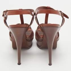 Pre Owned Saint Laurent Brown Leather Tribute Ankle Strap Sandals Size 39.5