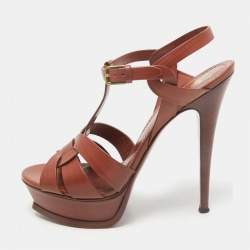 Saint Laurent Brown Leather Tribute Ankle Strap Sandals Size 39.5