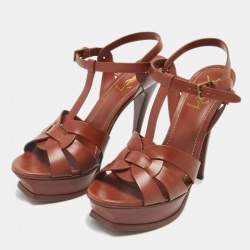 Pre Owned Saint Laurent Brown Leather Tribute Ankle Strap Sandals Size 39.5