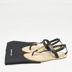 Saint Laurent Black/Beige Leather and Raffia Cassandra Thong Sandals Size 38