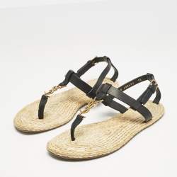 Saint Laurent Black/Beige Leather and Raffia Cassandra Thong Sandals Size 38