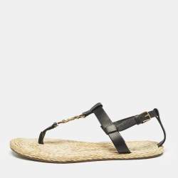 Saint Laurent Black/Beige Leather and Raffia Cassandra Thong Sandals Size 38