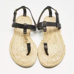 Saint Laurent Black/Beige Leather and Raffia Cassandra Thong Sandals Size 38