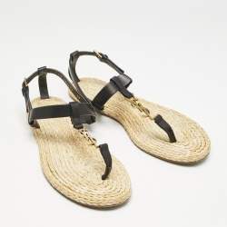 Saint Laurent Black/Beige Leather and Raffia Cassandra Thong Sandals Size 38