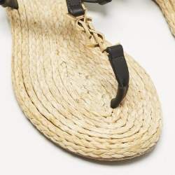 Saint Laurent Black/Beige Leather and Raffia Cassandra Thong Sandals Size 38