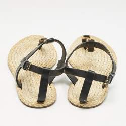 Saint Laurent Black/Beige Leather and Raffia Cassandra Thong Sandals Size 38