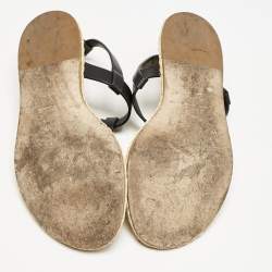 Saint Laurent Black/Beige Leather and Raffia Cassandra Thong Sandals Size 38