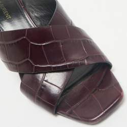 Saint Laurent Burgundy Croc Embossed Leather Loulou Slide Sandals Size 39