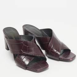 Saint Laurent Burgundy Croc Embossed Leather Loulou Slide Sandals Size 39