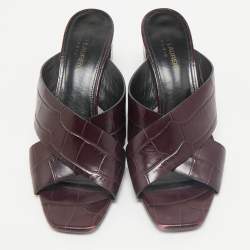 Saint Laurent Burgundy Croc Embossed Leather Loulou Slide Sandals Size 39