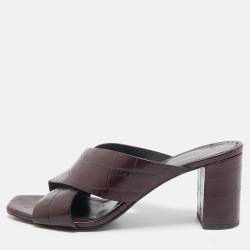 Saint Laurent Burgundy Croc Embossed Leather Loulou Slide Sandals Size 39